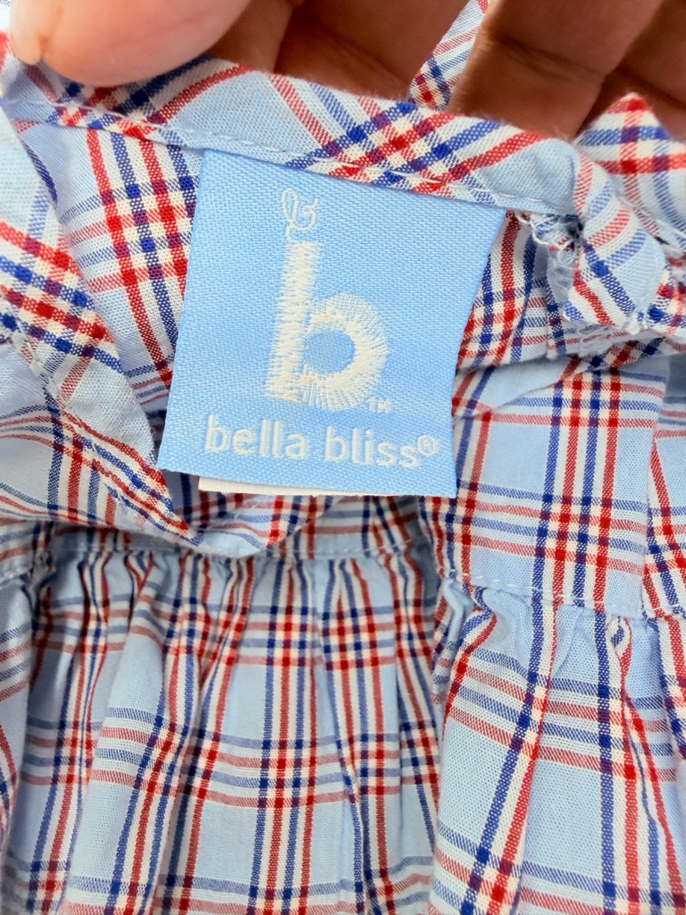 BELLA BLISS Preppy Americana Cotton Blue Plaid Ruffle Long-Sleeve Bow Top Size 8 - Picture 2 of 4